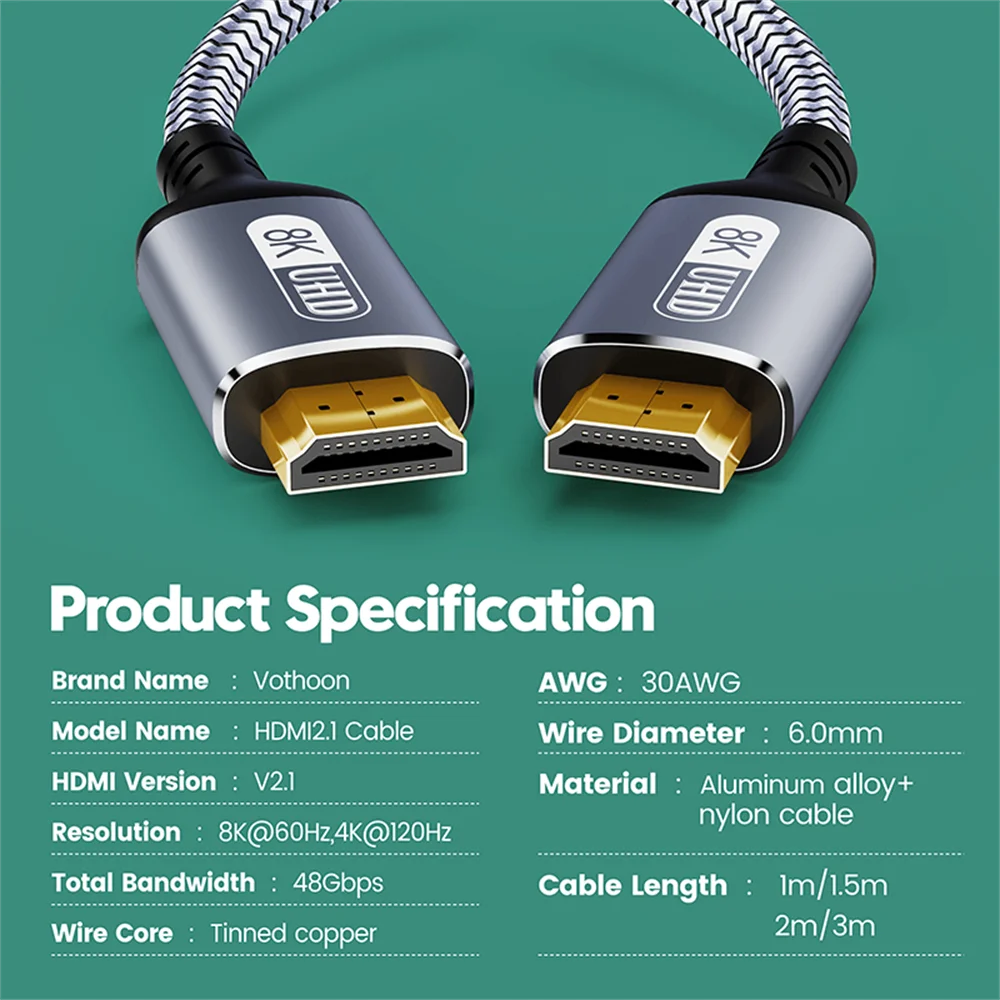 Cavo Vothoon 8K 2.1 120Hz 4K compatibile con HDMI 8K Ultra High Speed ​​HDR eARC per HDTV, XBox, Proiettore, PS5
